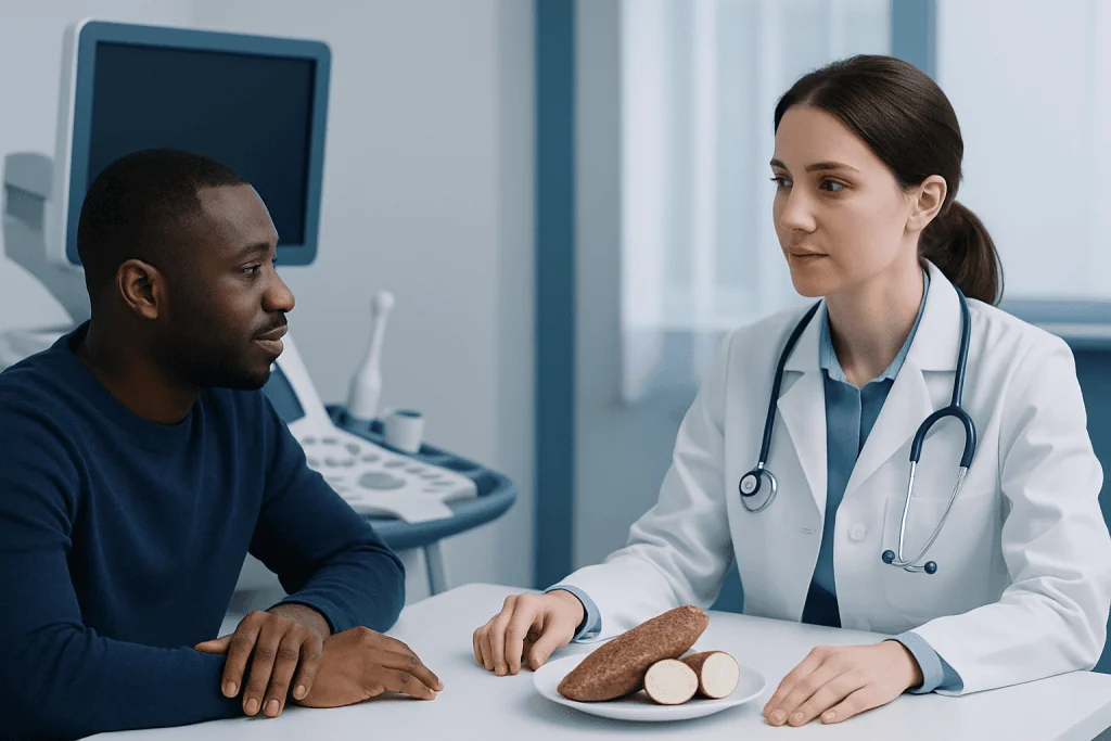 Doctor consulting patient in a medical office with a yam root on the table.