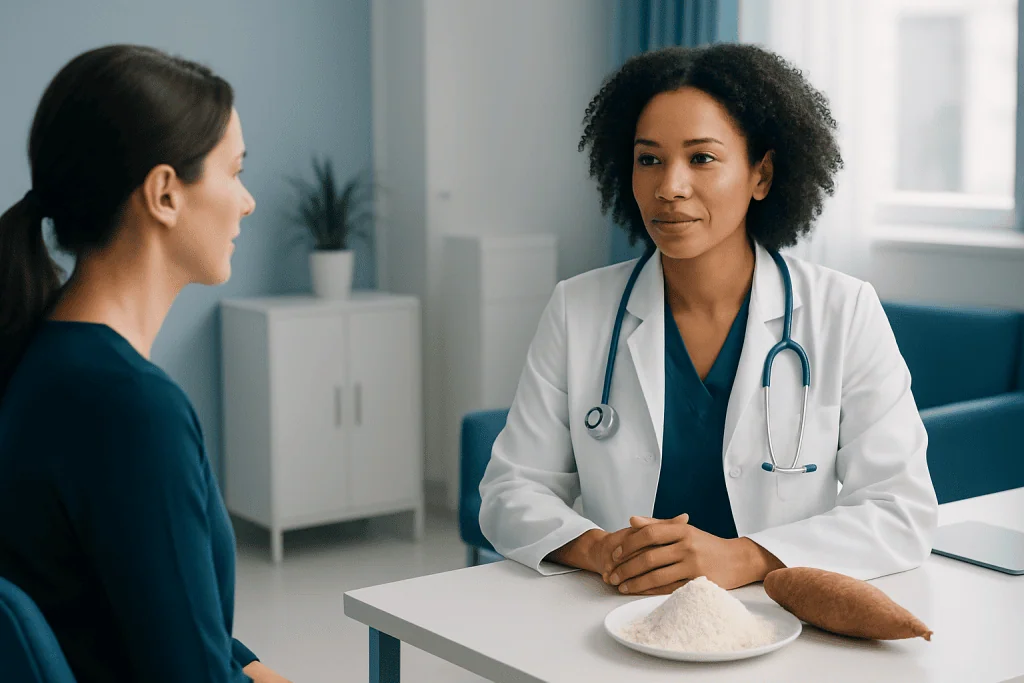 Doctor consulting with patient about cassava flour benefits in a medical setting.