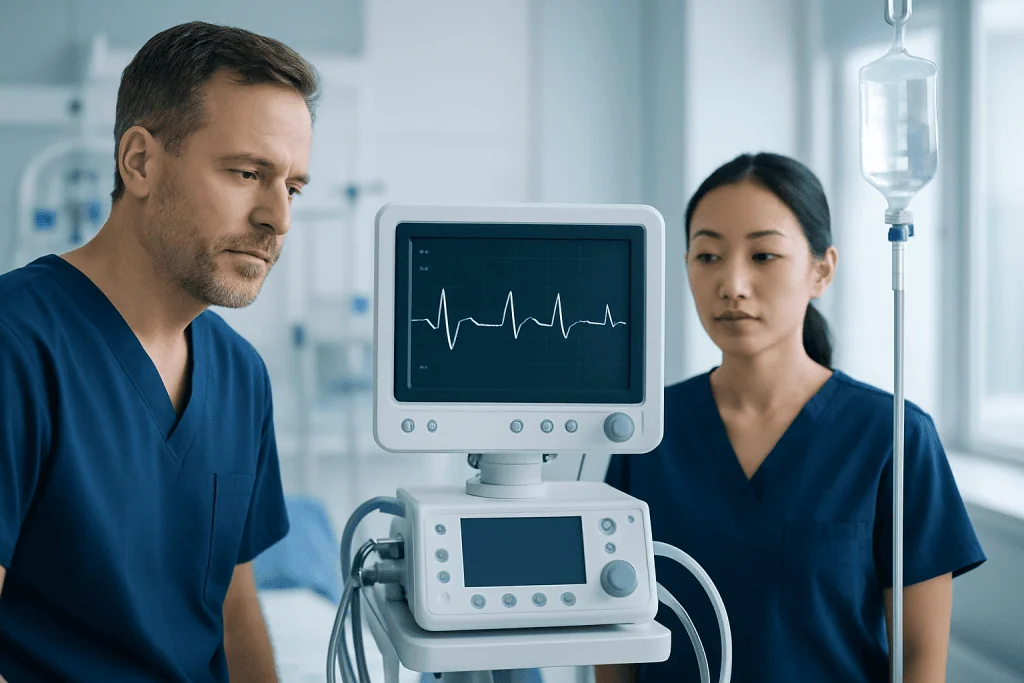 Medical professionals monitoring patient heart rate with ECG in hospital.