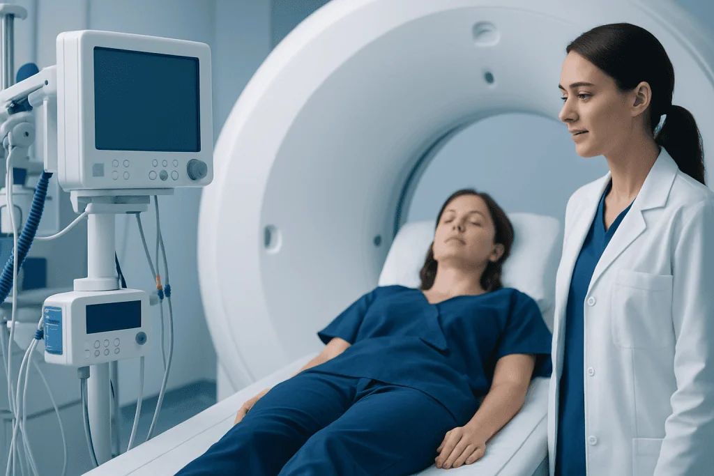 Patient undergoing MRI scan at Acibadem Hospital with medical staff present.