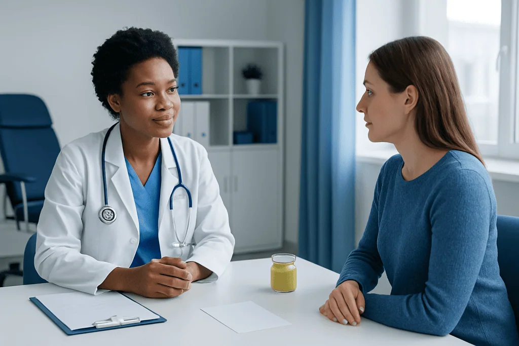 Doctor consulting with a patient in a medical office setting.