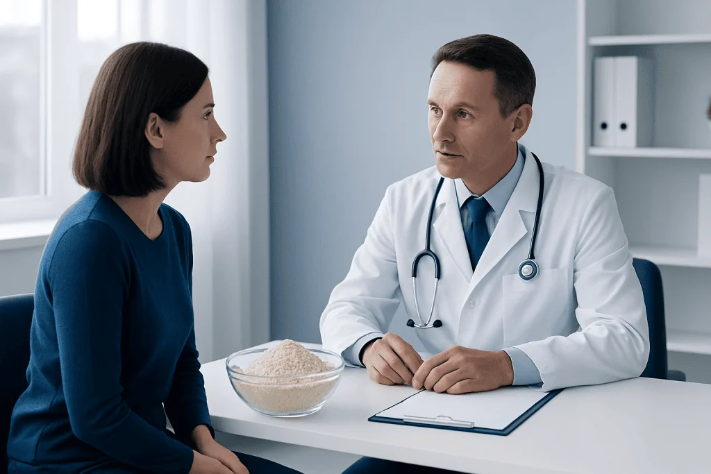 Doctor consulting with a patient about dietary options in a medical office.