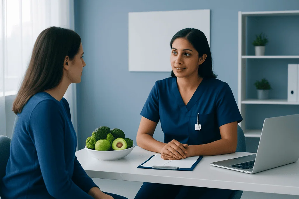 Healthcare professional consulting a patient in a modern clinic setting.