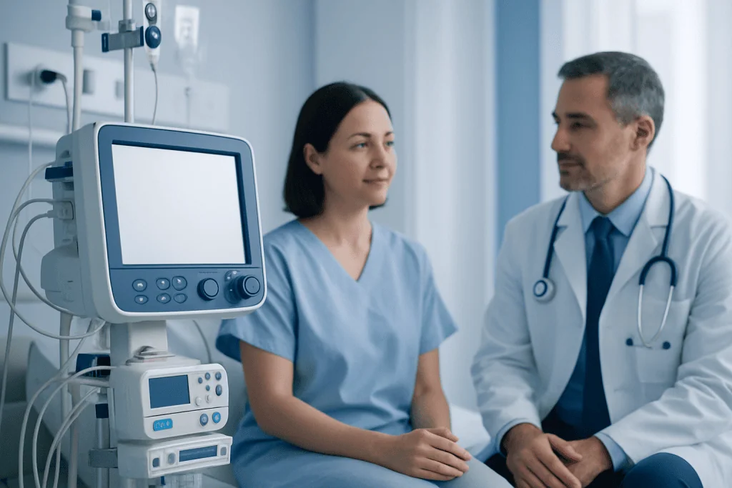Doctor consulting with patient in hospital room with medical equipment.
