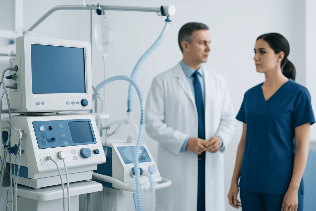 Medical professionals in a hospital room with ventilator equipment.