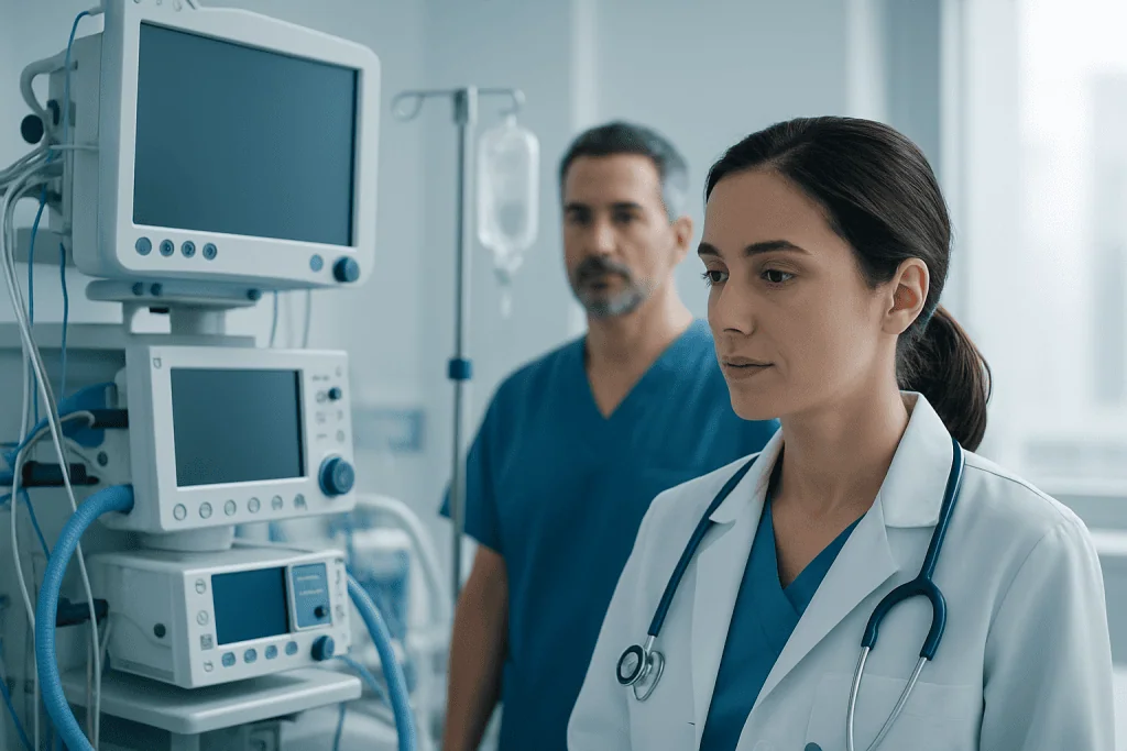 Medical professionals in a hospital ICU with monitors and IVs.