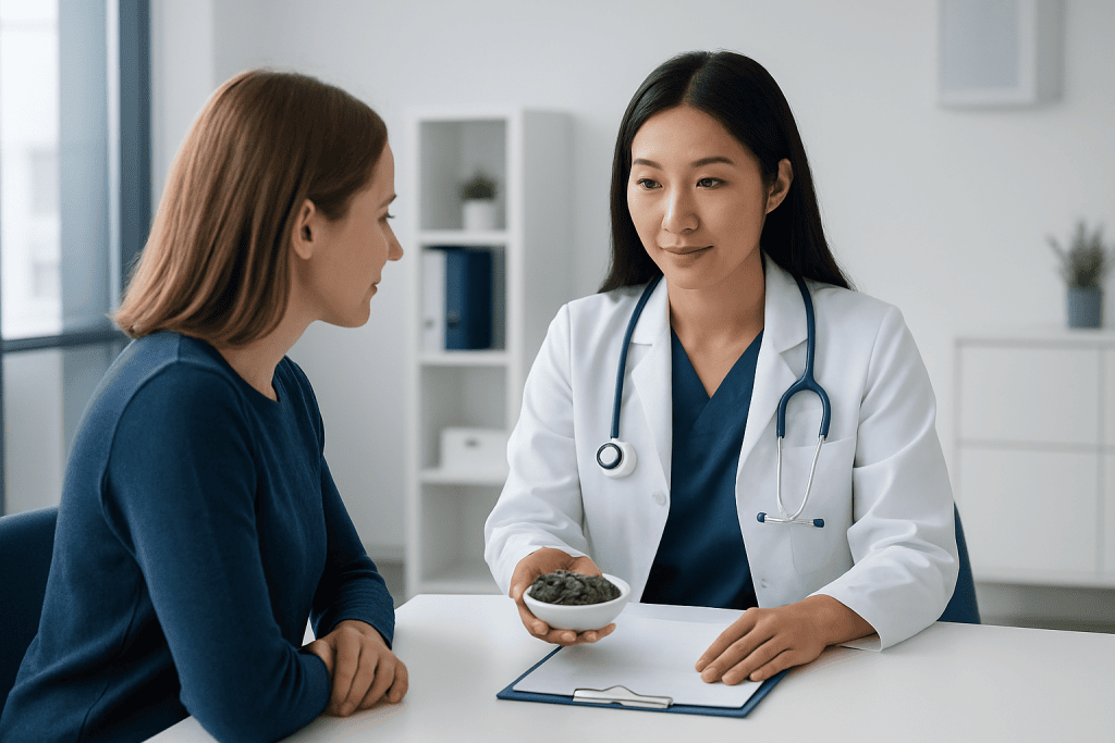 Doctor explaining health benefits of pumpkin seeds to patient in clinic.