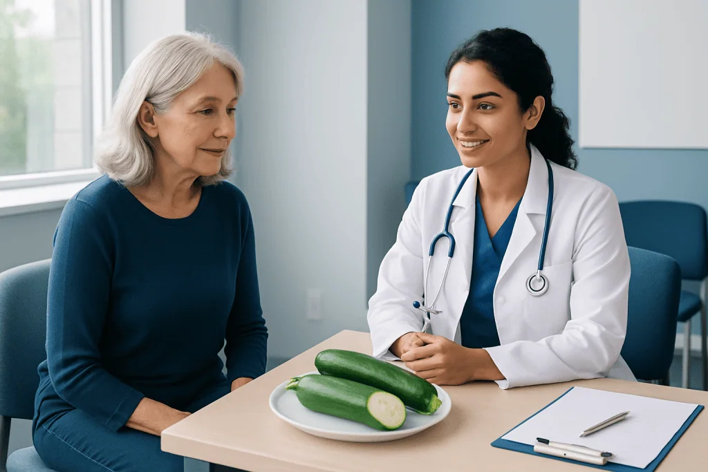 Doctor discussing zucchini with an elderly woman in a medical consultation.
