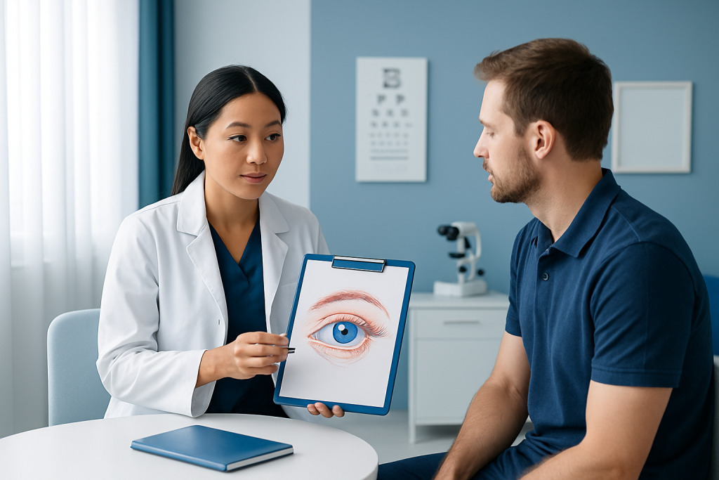 Ophthalmologist explains eye health to patient with eye diagram.