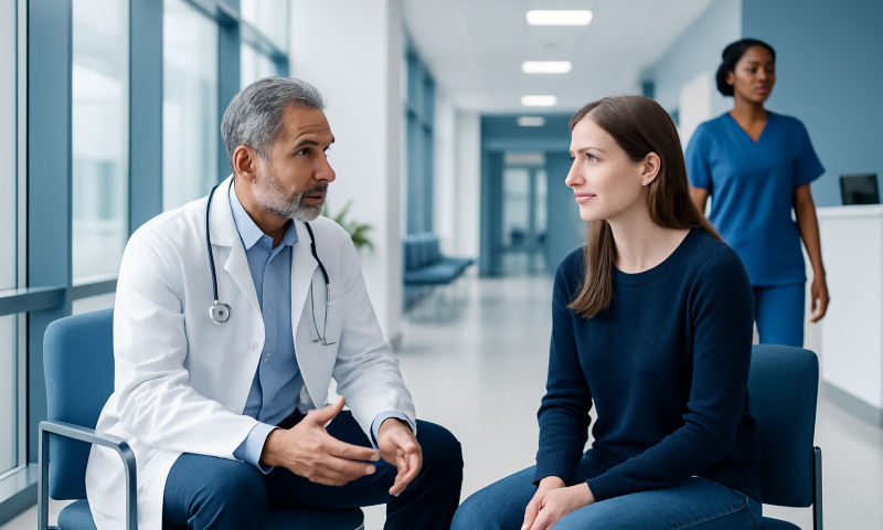 Nystagmus Treatment: How It Works, Results and What to Expect 10 Doctor consulting with a young female patient in a hospital corridor.