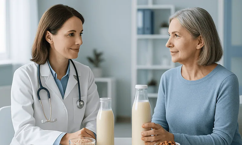 Doctor and elderly woman discussing plant-based milk options in a clinic setting.