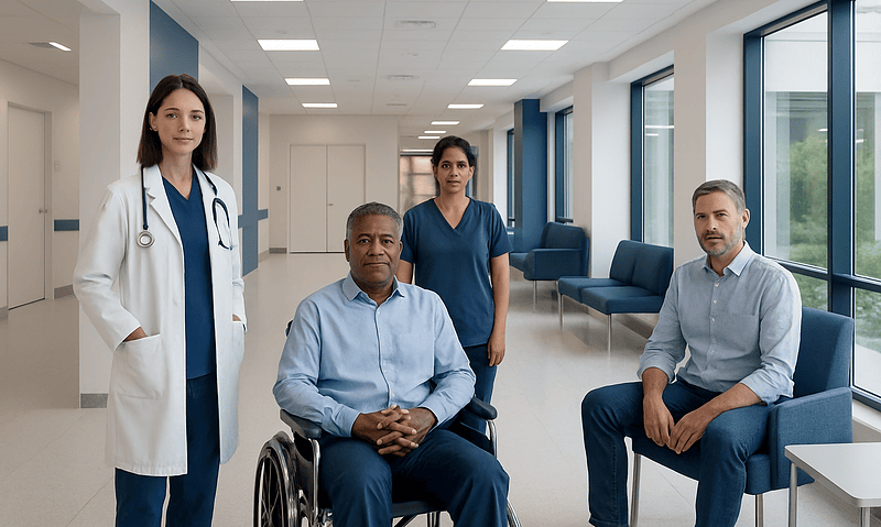 Diverse medical team in hospital corridor with patient in wheelchair.