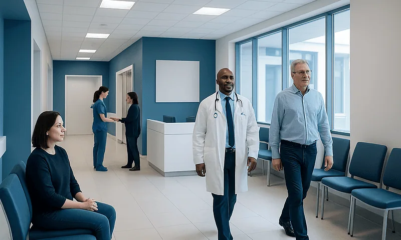Medical professionals and patients in a modern hospital corridor.