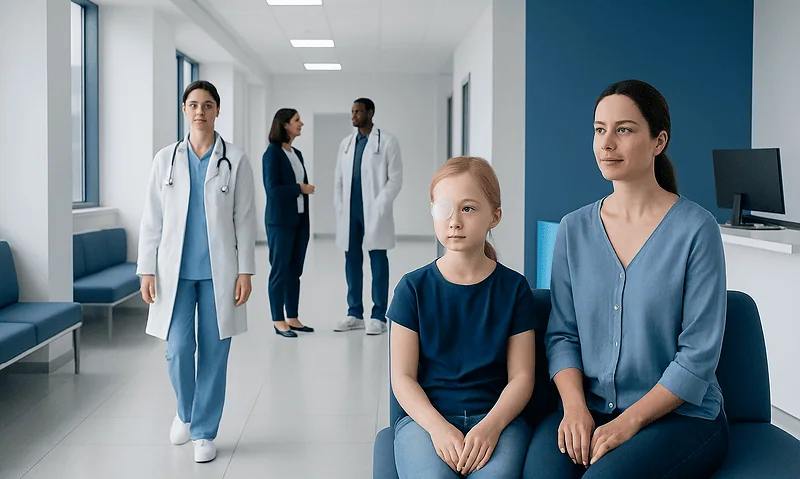 Child and mother waiting in hospital corridor with medical staff nearby.