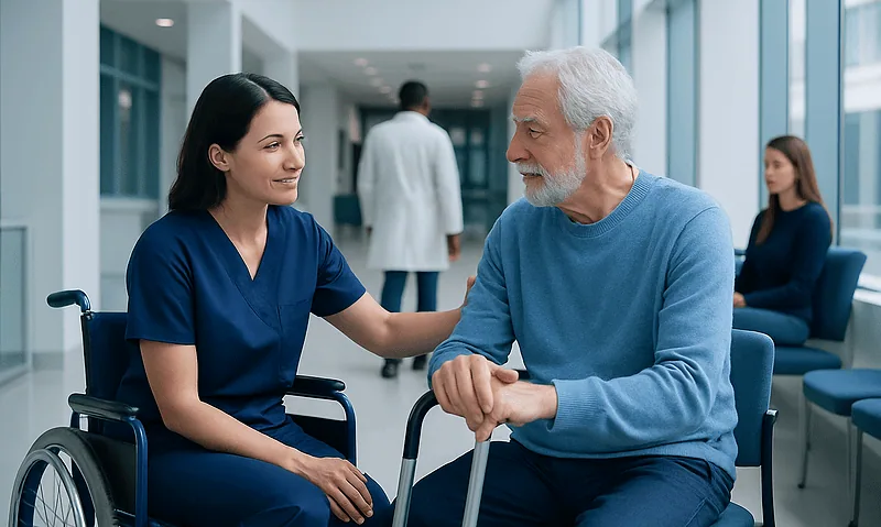 Nurse comforting elderly patient in hospital waiting area.
