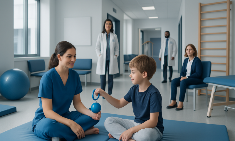 Child in occupational therapy session with healthcare professionals at Acibadem Hospital.