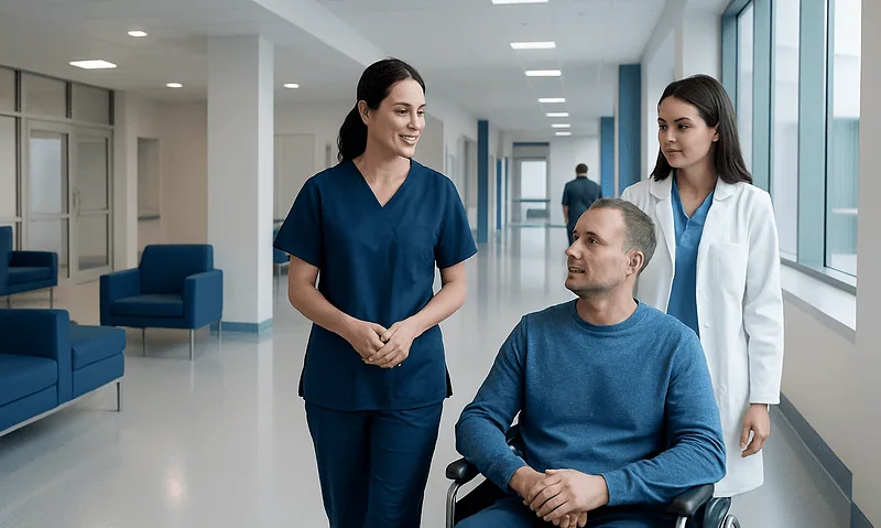 Healthcare professionals consulting with a patient in a hospital corridor.