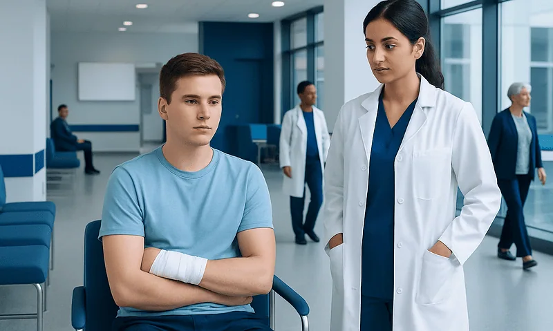 Young male patient with arm injury in hospital waiting area.