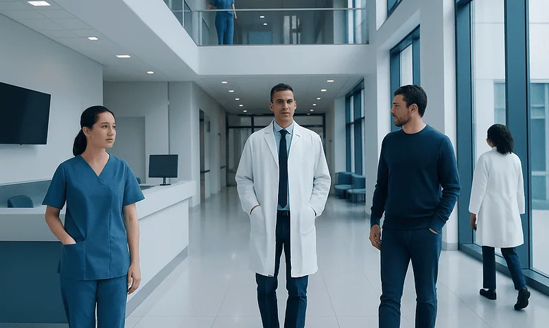 Medical professionals and staff in a modern hospital corridor.