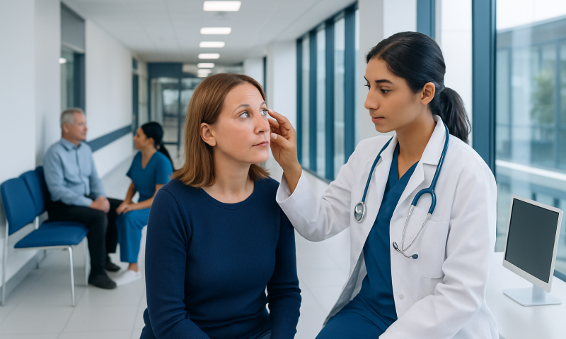 Ocular Rosacea Treatment: How It Works, Results and What to Expect 6 Ophthalmologist examines woman's eye in a hospital corridor.