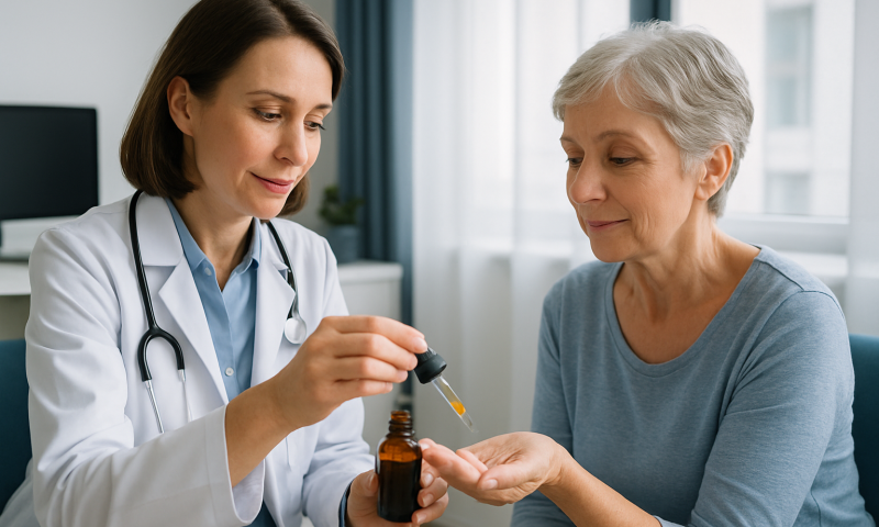 Doctor administering oil of oregano to a patient in a clinical setting.