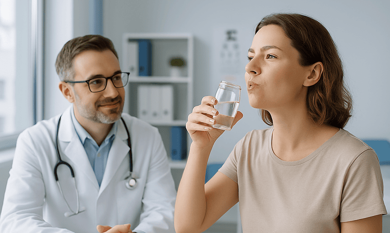 Woman practicing oil pulling with a glass of water in a medical consultation.