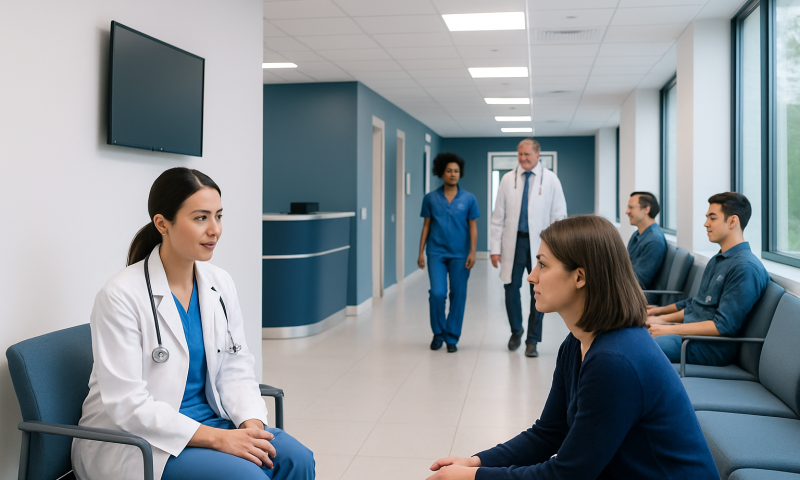 Doctor consulting with patient in hospital corridor with medical staff in background.