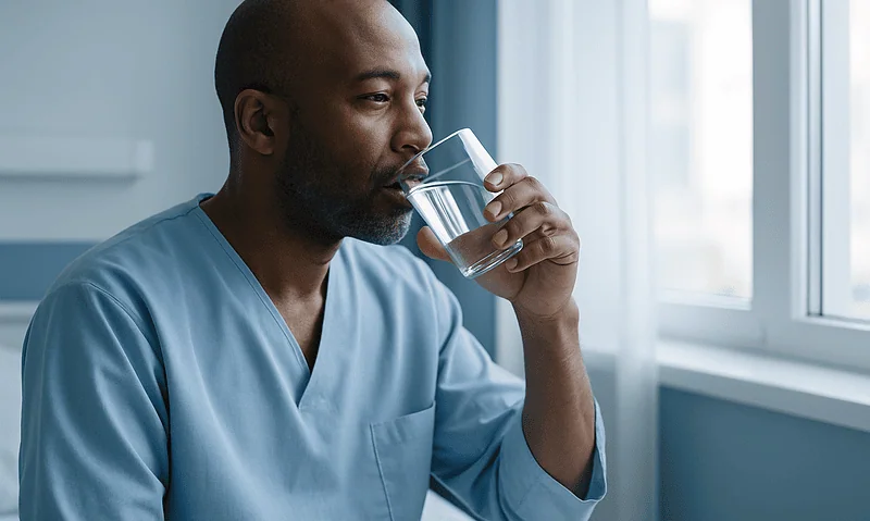 Man in medical scrubs drinking water by a window.