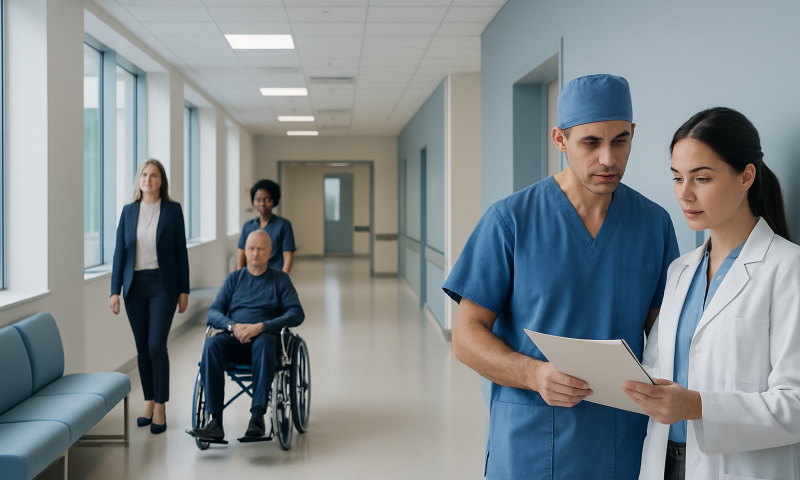 Medical professionals consulting in a hospital corridor with patients nearby.