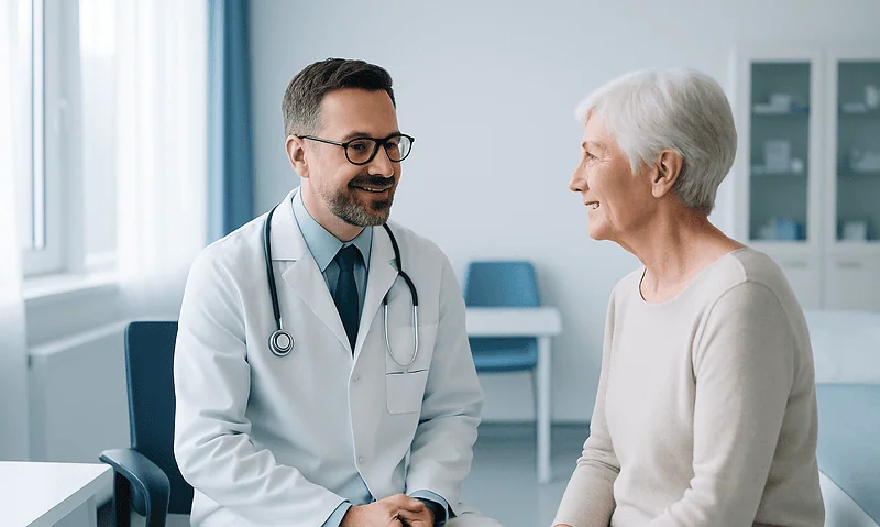 Doctor consulting with elderly patient in a medical office.