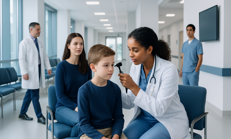 Pediatric consultation at Acibadem Hospital with doctor examining young patient.