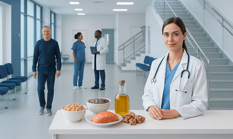 Healthcare professional with healthy foods in a hospital setting.