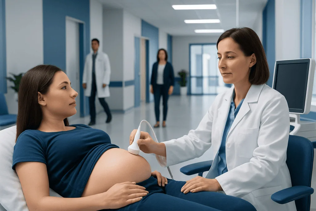 Omphalocele Ultrasound: Preparation, Procedure and Results 1 Pregnant woman undergoing ultrasound at Acibadem Hospital.