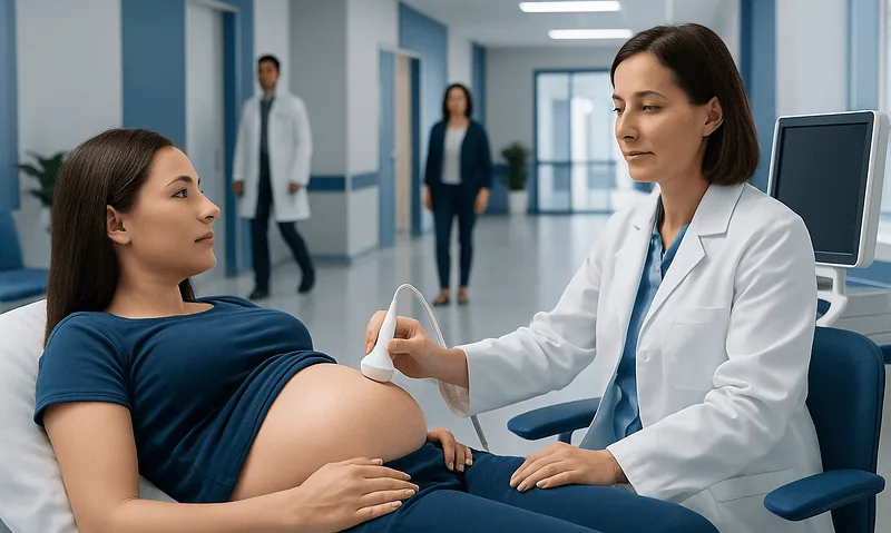 Pregnant woman undergoing ultrasound at Acibadem Hospital.