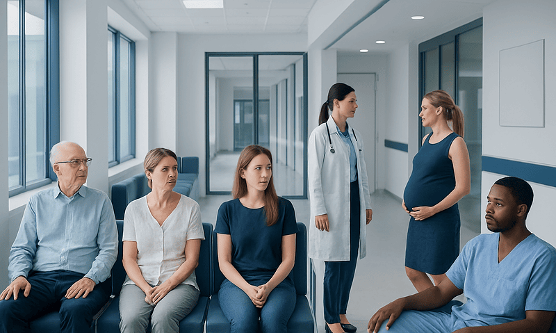 Omphalocele vs Gastroschisis: Key Differences and How Doctors Tell Them Apart 5 Medical team consulting with pregnant woman in hospital corridor.