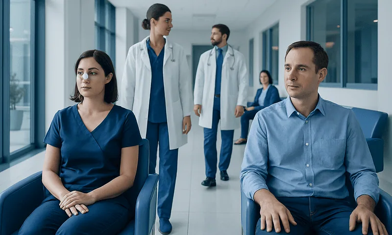 Patients waiting in a hospital corridor with medical staff nearby.