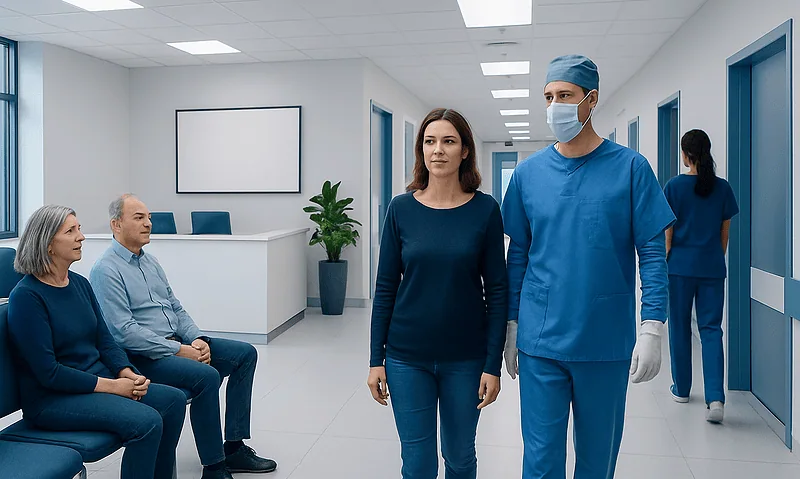 Medical consultation in a modern hospital corridor with healthcare professionals and patients.