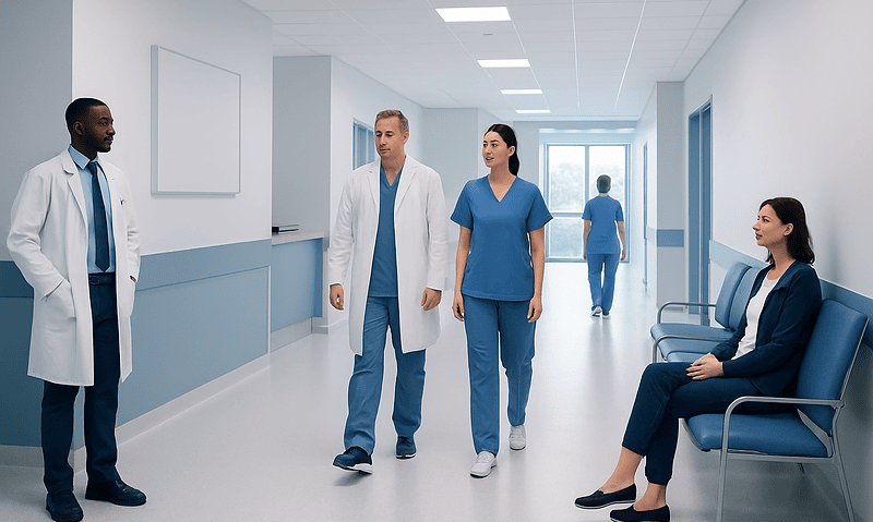 Medical team walking in hospital corridor with patient sitting on bench.