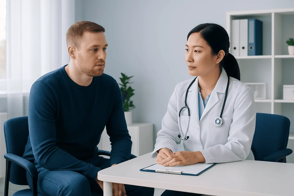 Doctor consulting with a male patient in a medical office.