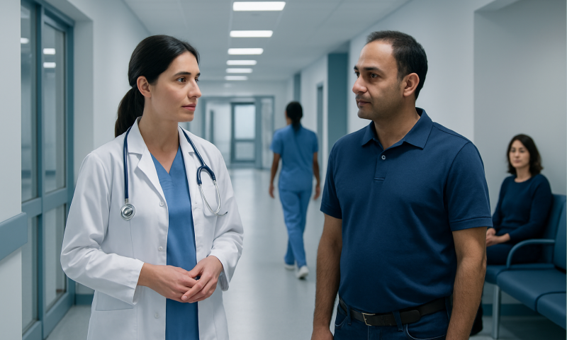 Doctor and patient having a consultation in a hospital corridor.