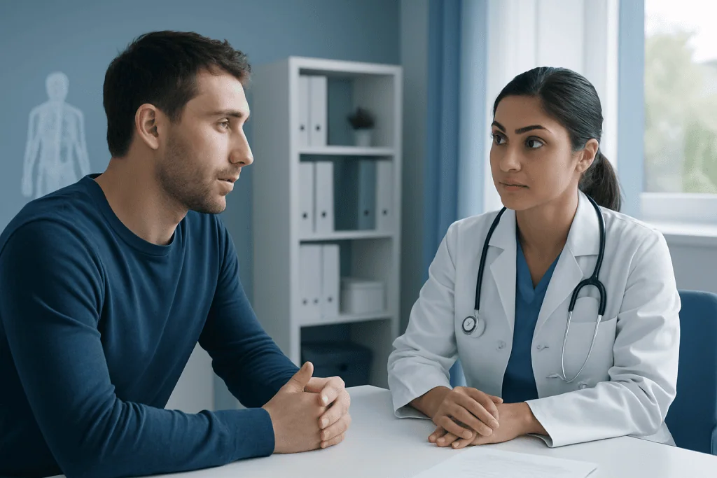 Doctor consulting with patient in a medical office setting.