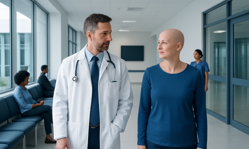 Doctor talking to a patient in a hospital corridor with other patients in the background.