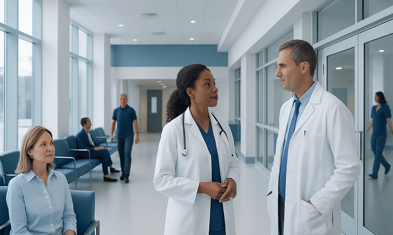Doctors and patient in hospital corridor at Acibadem Hospitals Group.