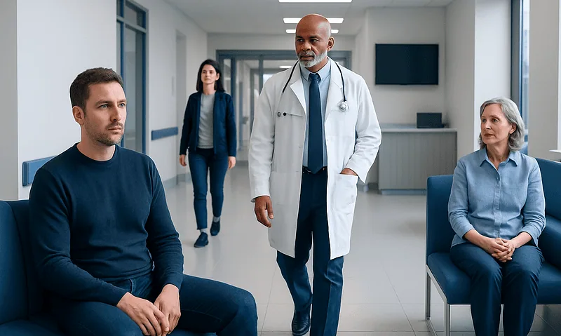 Doctor consulting with patients in a hospital corridor.