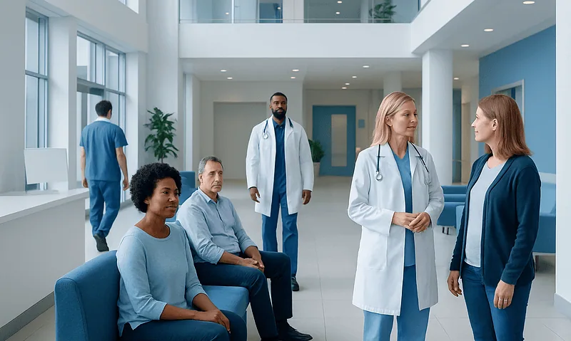 Medical professionals and patients in a modern hospital lobby.