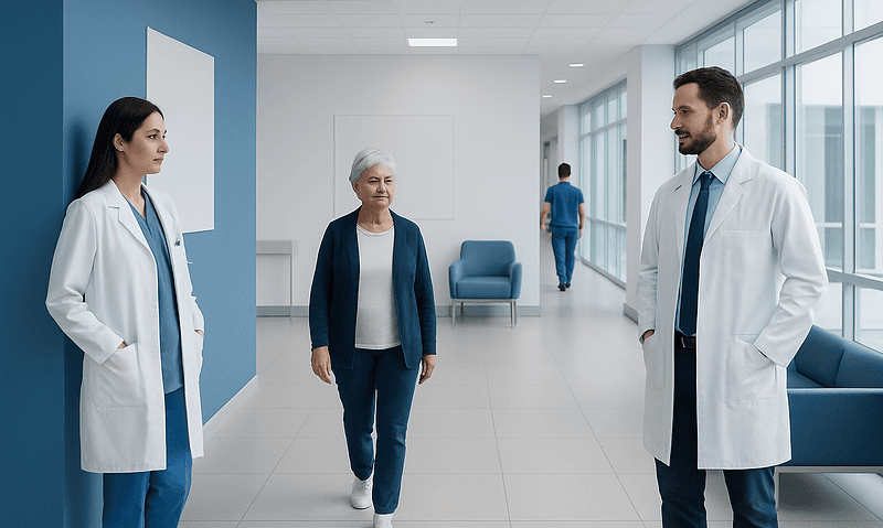 Doctors and patient in a modern hospital corridor at Acibadem Hospitals Group.