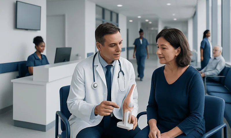 Doctor explaining knee anatomy to a patient in a hospital waiting area.