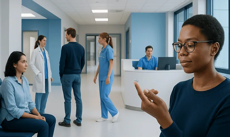 Healthcare professionals and patient in a modern hospital corridor.