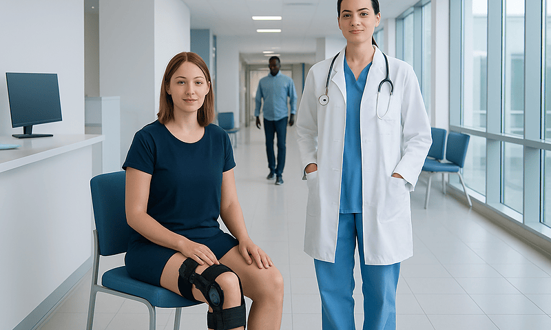 Young girl with knee brace at Acibadem Hospital, healthcare setting.