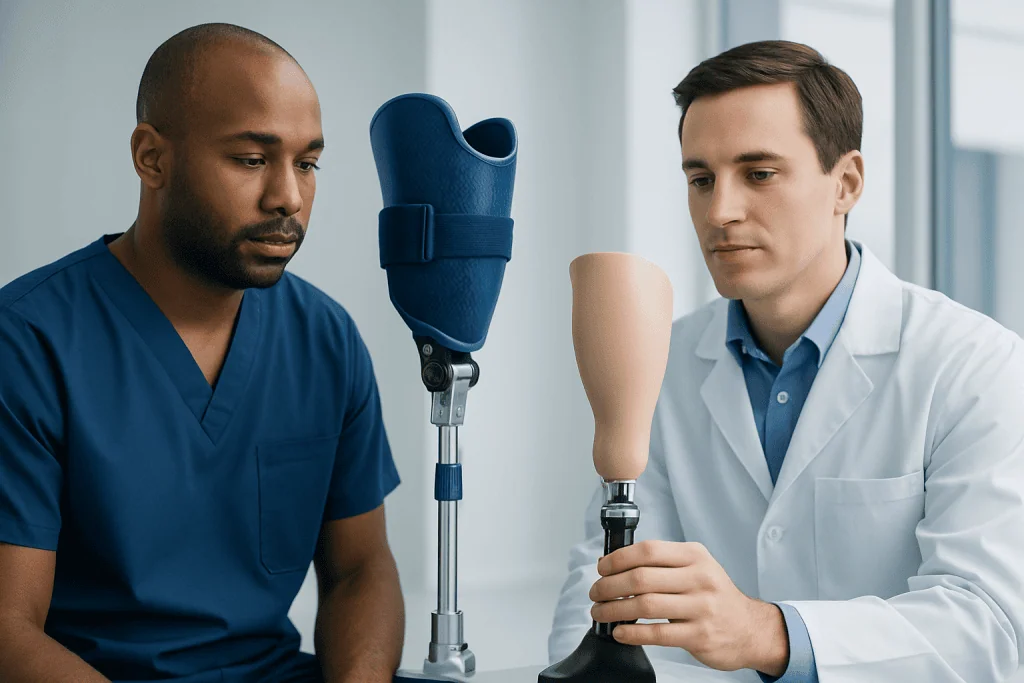 Orthotist demonstrating prosthetic limb fitting to patient in clinical setting.